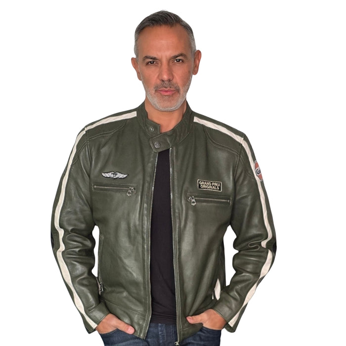 Men's Gulf Lambskin Leather Racing Jacket in Classic GP Olive