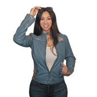 Women's Gulf Lambskin Leather Racing Jacket in Vintage Gulf Blue