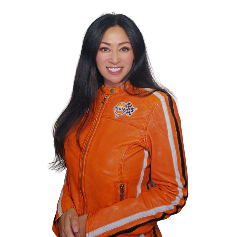 Women's Gulf Lambskin Leather Racing Jacket in Vintage GT Orange