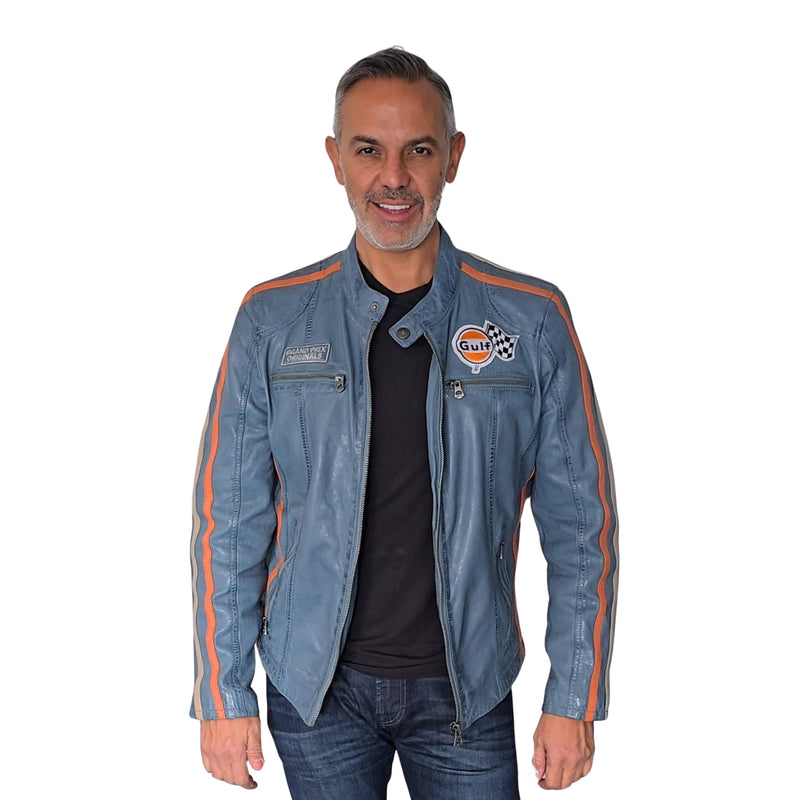 Men's Gulf Lambskin Leather Racing Jacket in Vintage Gulf Blue