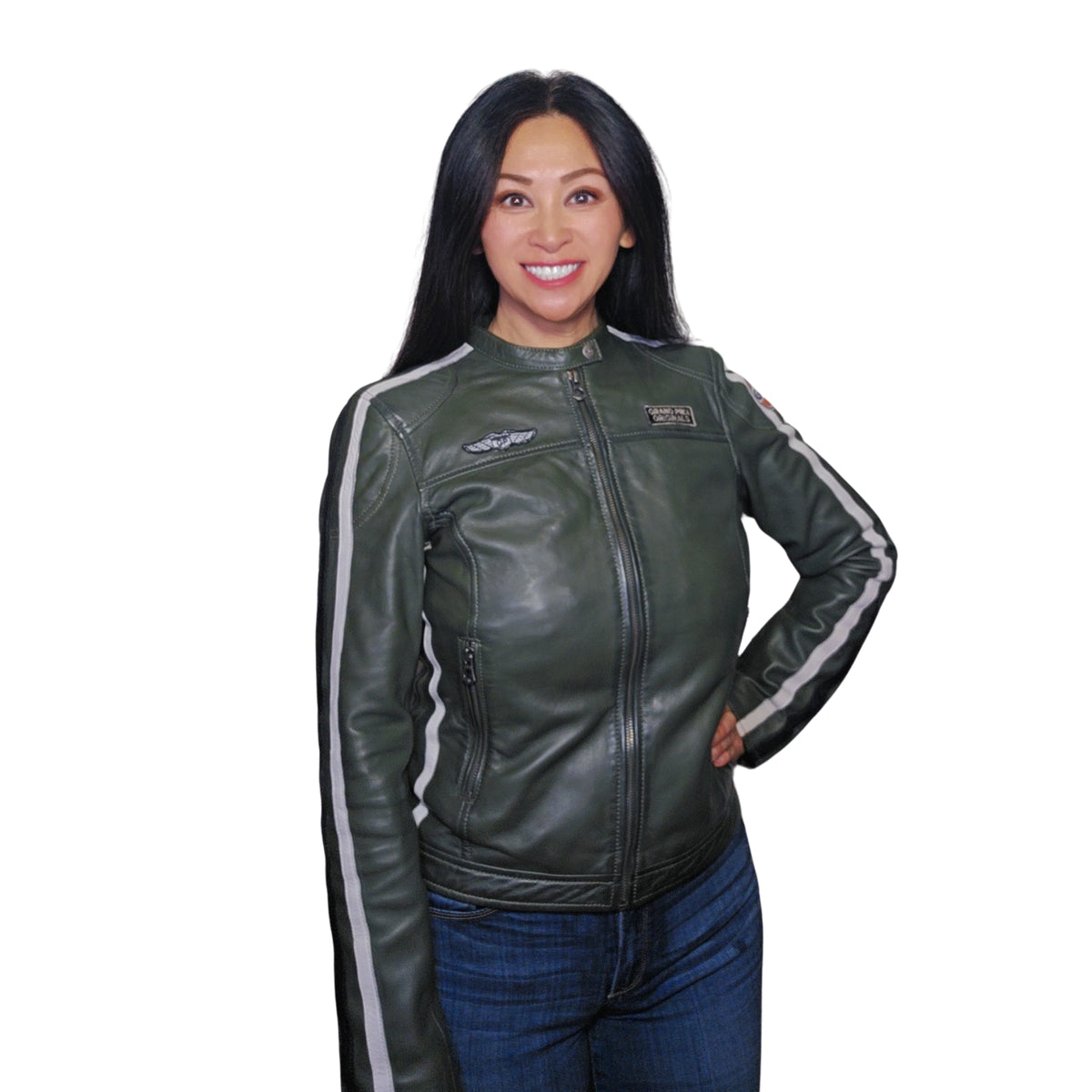 Women's Gulf Lambskin Leather Racing Jacket in Classic GP Olive