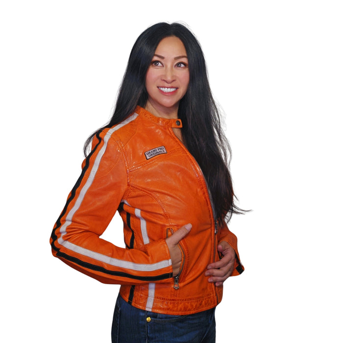 Women's Gulf Lambskin Leather Racing Jacket in Vintage GT Orange