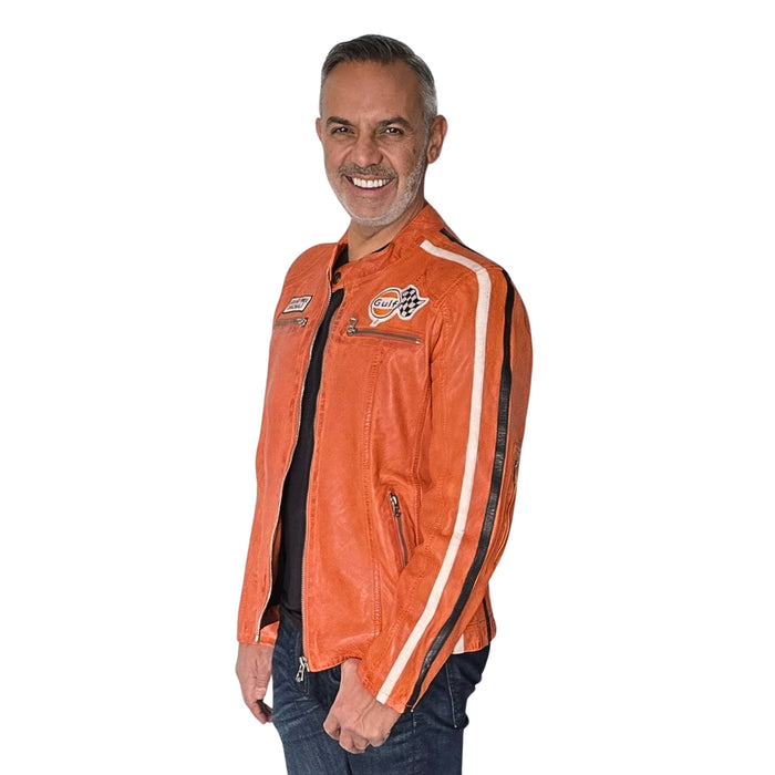 Men's Gulf Lambskin Leather Racing Jacket in Vintage GT Orange