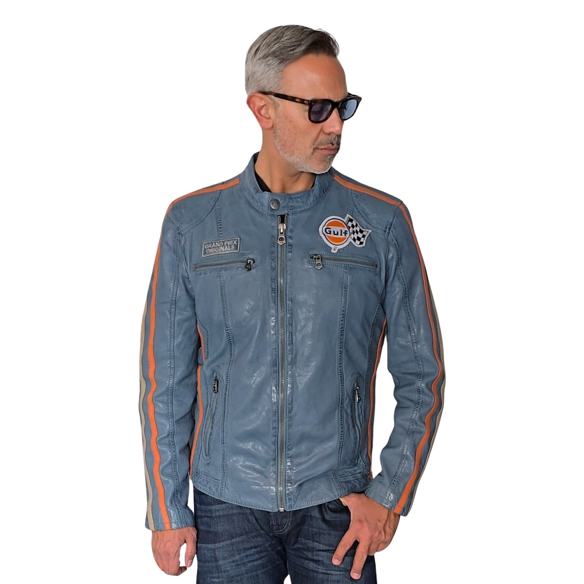 Men's Gulf Lambskin Leather Racing Jacket in Vintage Gulf Blue