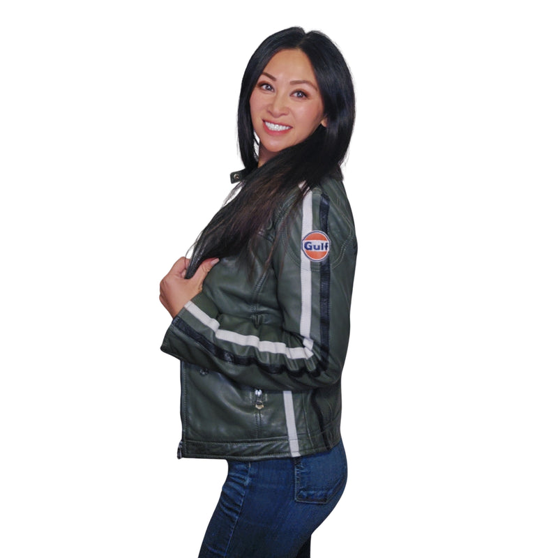 Women's Gulf Lambskin Leather Racing Jacket in Classic GP Olive