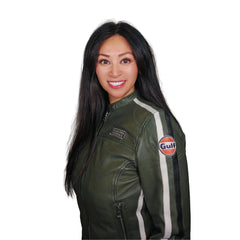 Women's Gulf Lambskin Leather Racing Jacket in Classic GP Olive