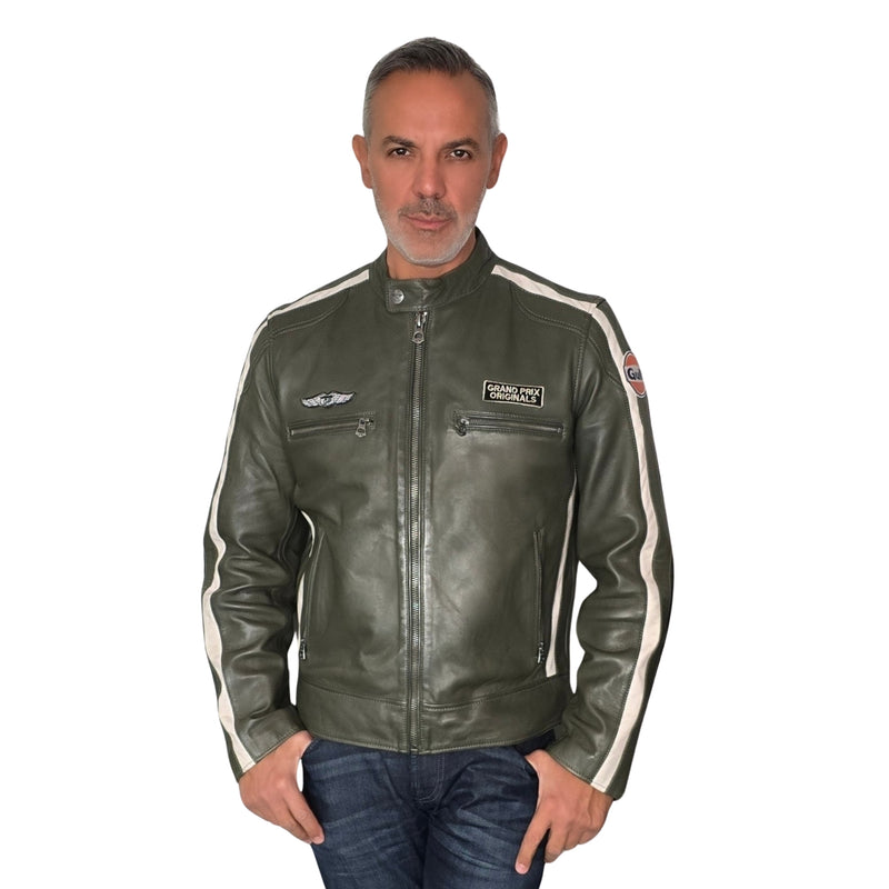 Men's Gulf Lambskin Leather Racing Jacket in Classic GP Olive