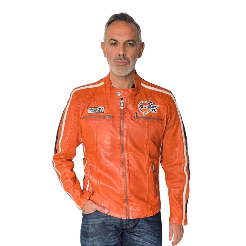 Men's Gulf Lambskin Leather Racing Jacket in Vintage GT Orange