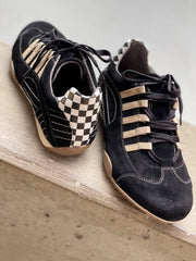 Men's Racing Sneaker in Black & Gold Brushed/Sueded Napa