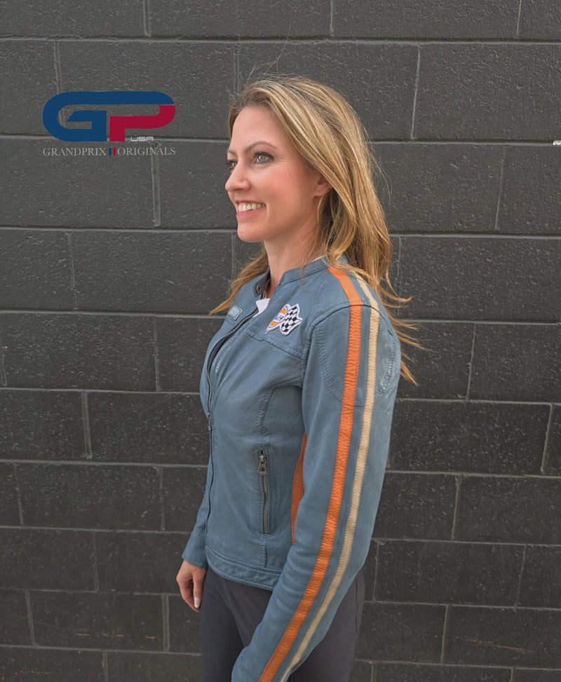 Women's Gulf Lambskin Leather Racing Jacket in Vintage Gulf Blue