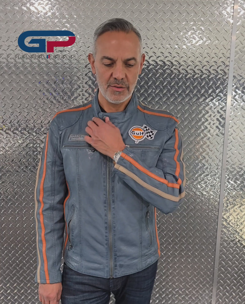 Men's Gulf Lambskin Leather Racing Jacket in Vintage Gulf Blue